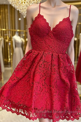Short Red Lace Semi Formal Prom Dresses, Short Red Lace Formal Graduation Homecoming Dresses